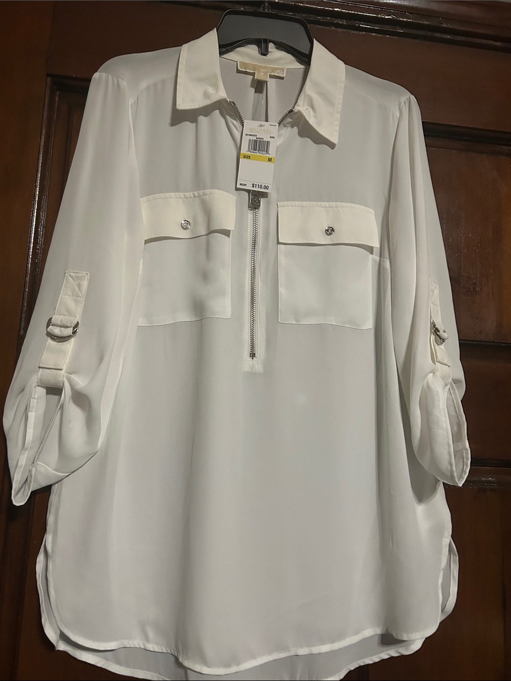 MICHAEL Michael Kors White Zip-Pocket Roll-Sleeve Blouse